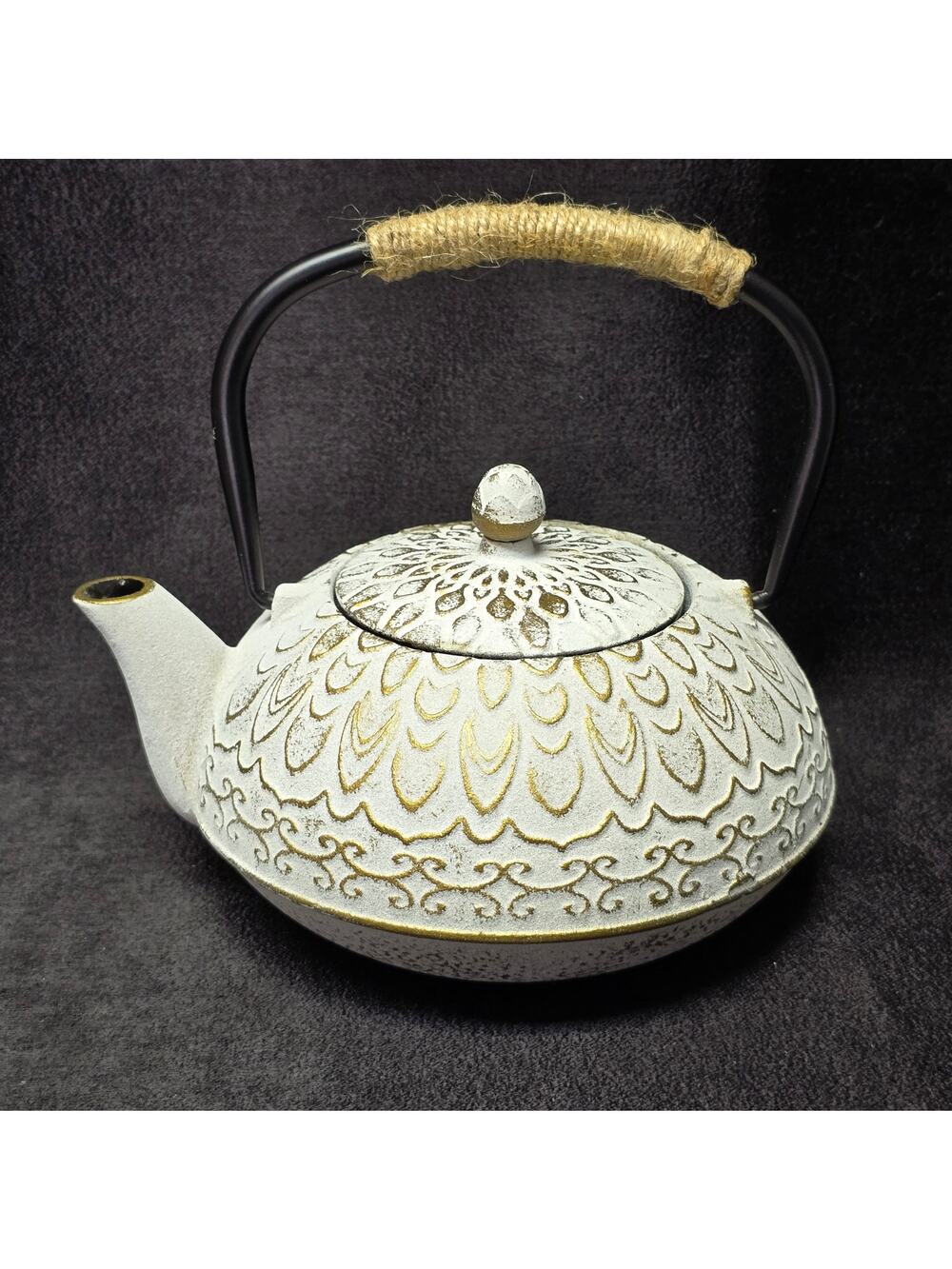 Vintage Colored Cast Iron Teapot Wicker Handle & Removable Infuser Tea Kettle